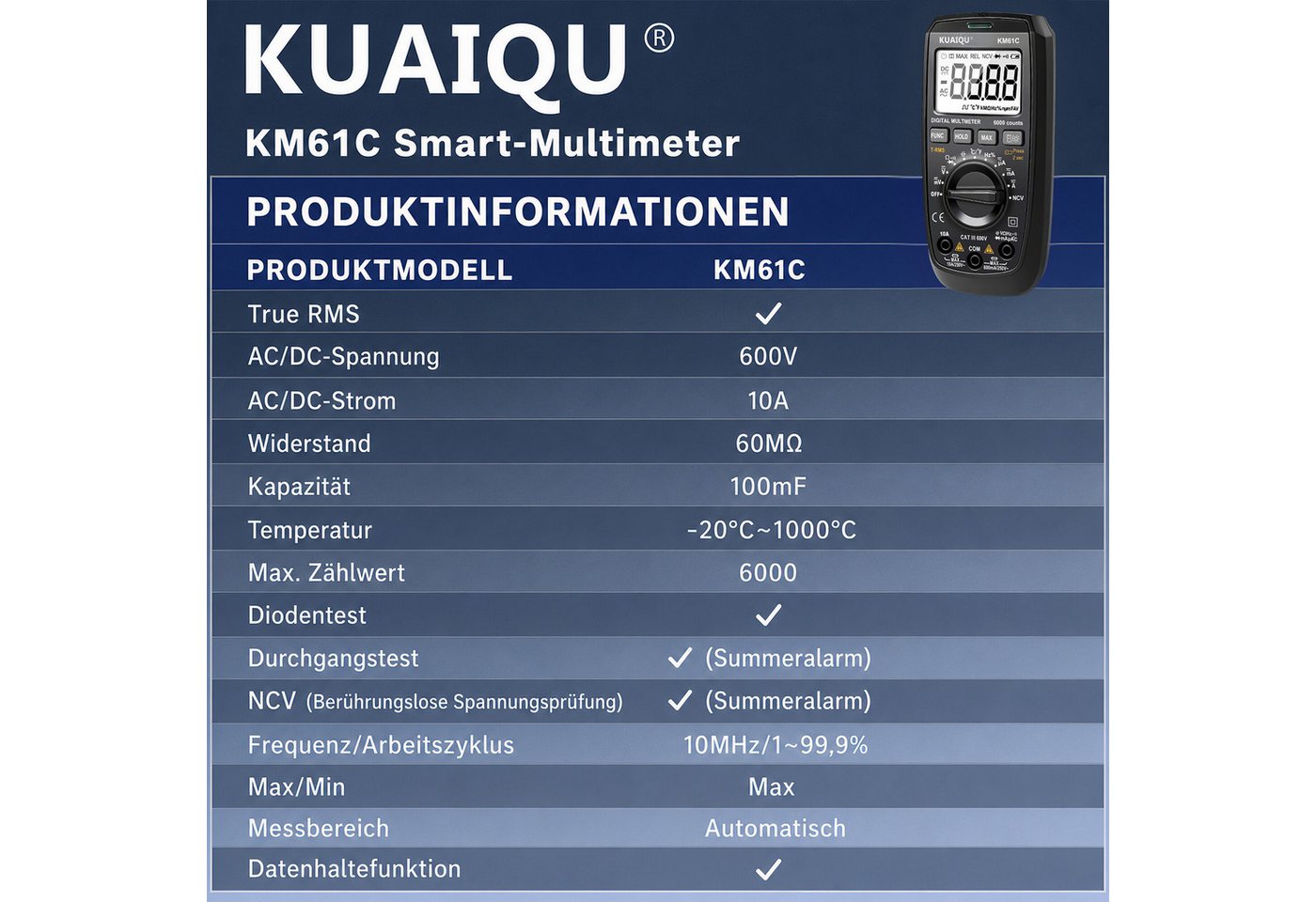 BBWL Multimeter mit True RMS, NCV, LCD-Beleuchtung, HOLD & LED, präzises Messwerkzeug für Haushalt und Werkstatt Bild 5