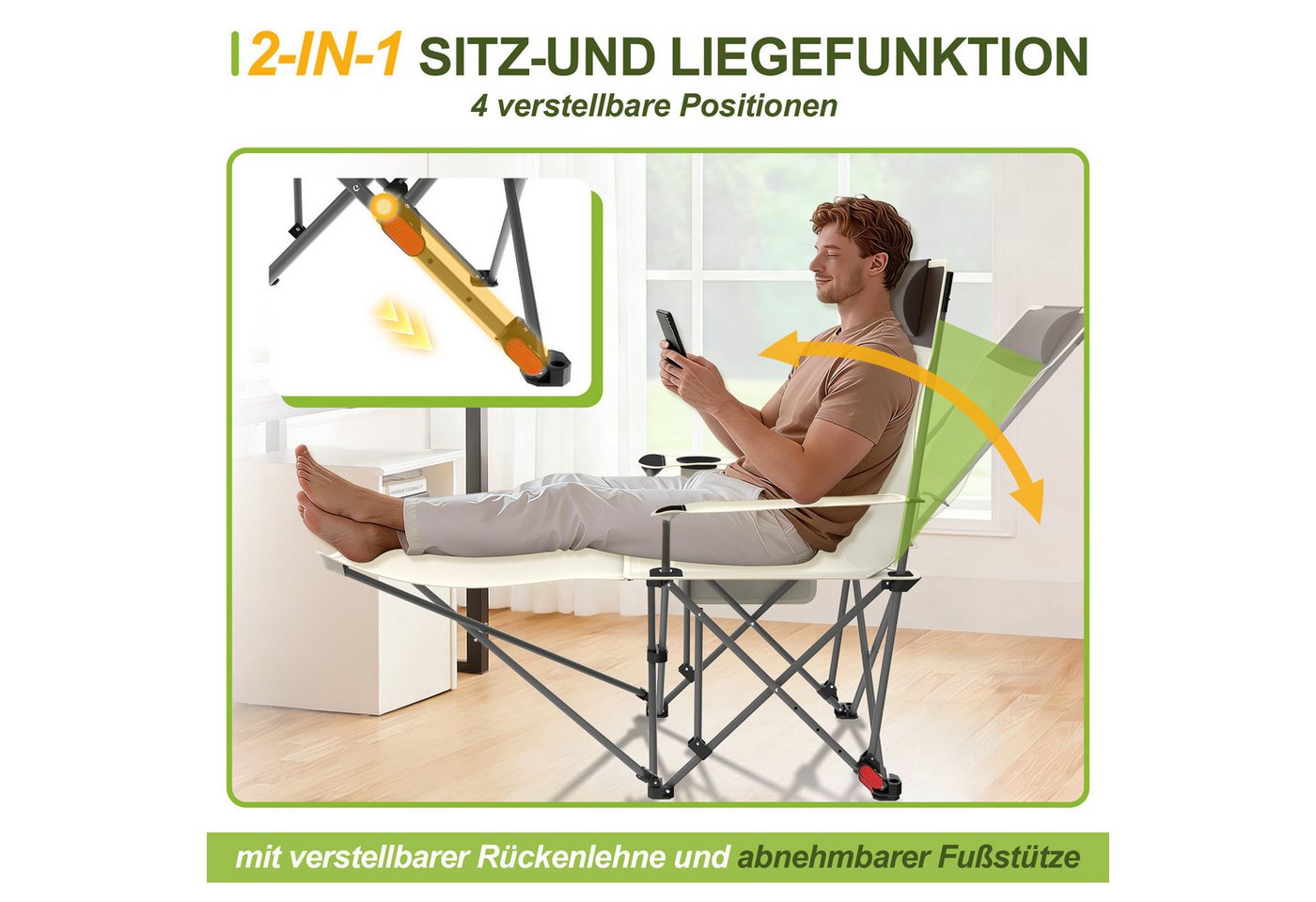 FIVMEN Campingstuhl Klappstühle Faltbar mit Verstellbarer Rückenlehne Strandstuhl, Liegestuhl Relaxsessel Klapphocker inkl. Tasche, für Garten Wandern Bild 3