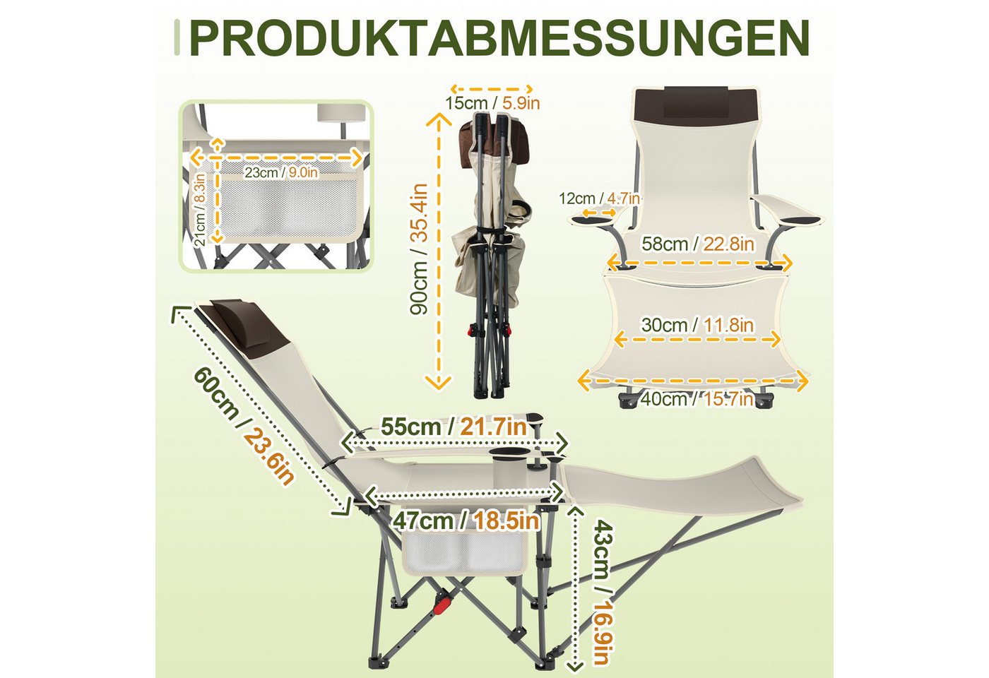 FIVMEN Campingstuhl Klappstühle Faltbar mit Verstellbarer Rückenlehne Strandstuhl, Liegestuhl Relaxsessel Klapphocker inkl. Tasche, für Garten Wandern Bild 4