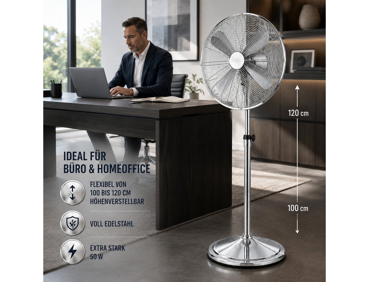 Ertex Standventilator EDELSTAHL Stand Ventilator 50W Metro 120cm Höhe Turmventilator Kühler
