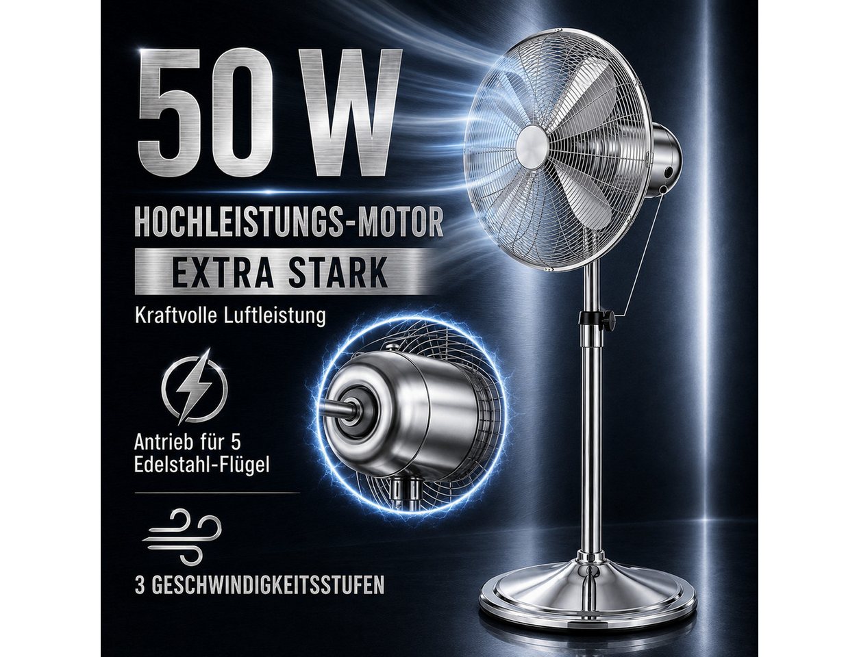 Ertex Standventilator EDELSTAHL Stand Ventilator 50W Metro 120cm Höhe Turmventilator Kühler Bild 2