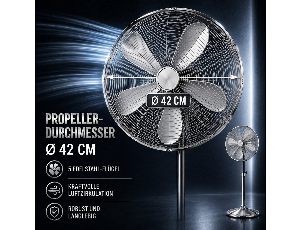Ertex Standventilator EDELSTAHL Stand Ventilator 50W Metro 120cm Höhe Turmventilator Kühler Bild 5