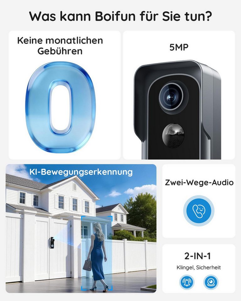 Boifun Smart Home Türklingel Videodoorbell Kamera WLAN-Version 5MP (Außenbereich, Außenbereich, 5 GHz WiFi, 1-tlg., Nachtsicht, PIR Bewegungserkennung, 2-Wege-Audio, 166°Weitwinkel,Alexa-kompatibel) Bild 4