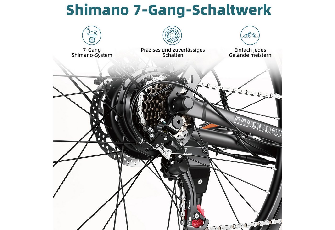 BEKUP E-Bike Cityrad V2 26 Zoll Cityrad, 522 Wh Akku, 45 Nm, Shimano 7-Gang, 7 Gang Shimano Shimano Tourney TZ Schaltwerk, Kettenschaltung, Heckmotor, 522 Wh, (Komplettset, E-Bike inklusive Akku und Ladegerät), City-Trekkingrad bis 75 km, 250 W Heckmotor, Scheibenbremsen Bild 5