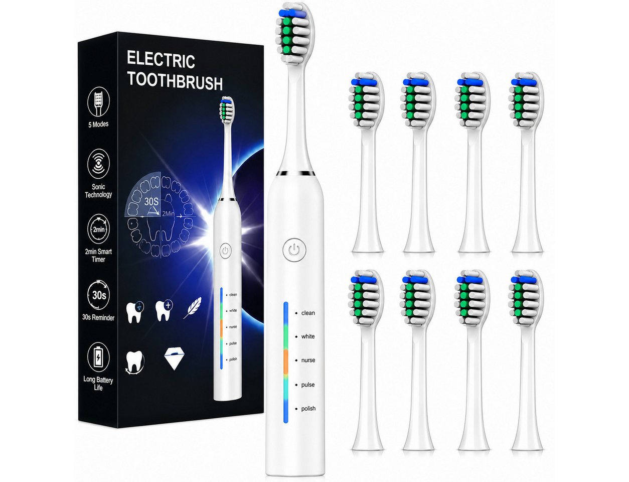 Fyrove Elektrische Zahnbürste Schallzahnbürste für Zahnpflege, mit 5 modi, Aufsteckbürsten: 8 St., 40000VPM UIltraschall, Putzdauer-Erinnerung, IP67 Wasserdicht, für Erwachsene und Kinder Bild 4