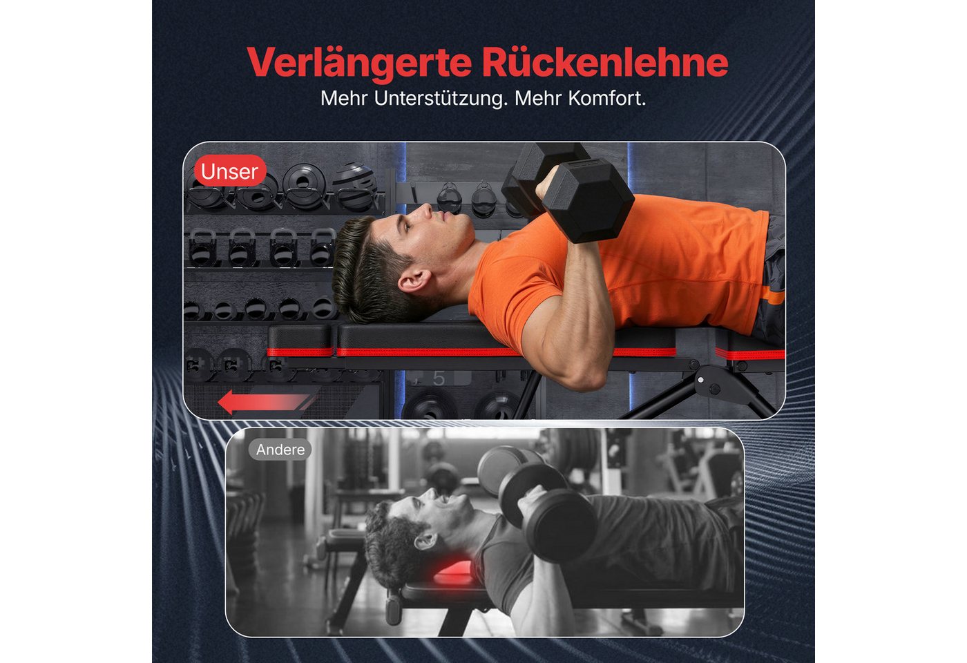 MERACH Hantelbank mit verlängerter Kopfstütze & Beinstrecker, 450 kg, (Hantelbank-Set extra lang mit Beinstrecker & Kopfstütze, 1x Hantelbank mit verlängerter Kopfstütze, 1x Beinstrecker), Verlängerte Kopfstütze, bis 450 kg belastbar, verstellbar & klappbar Bild 4