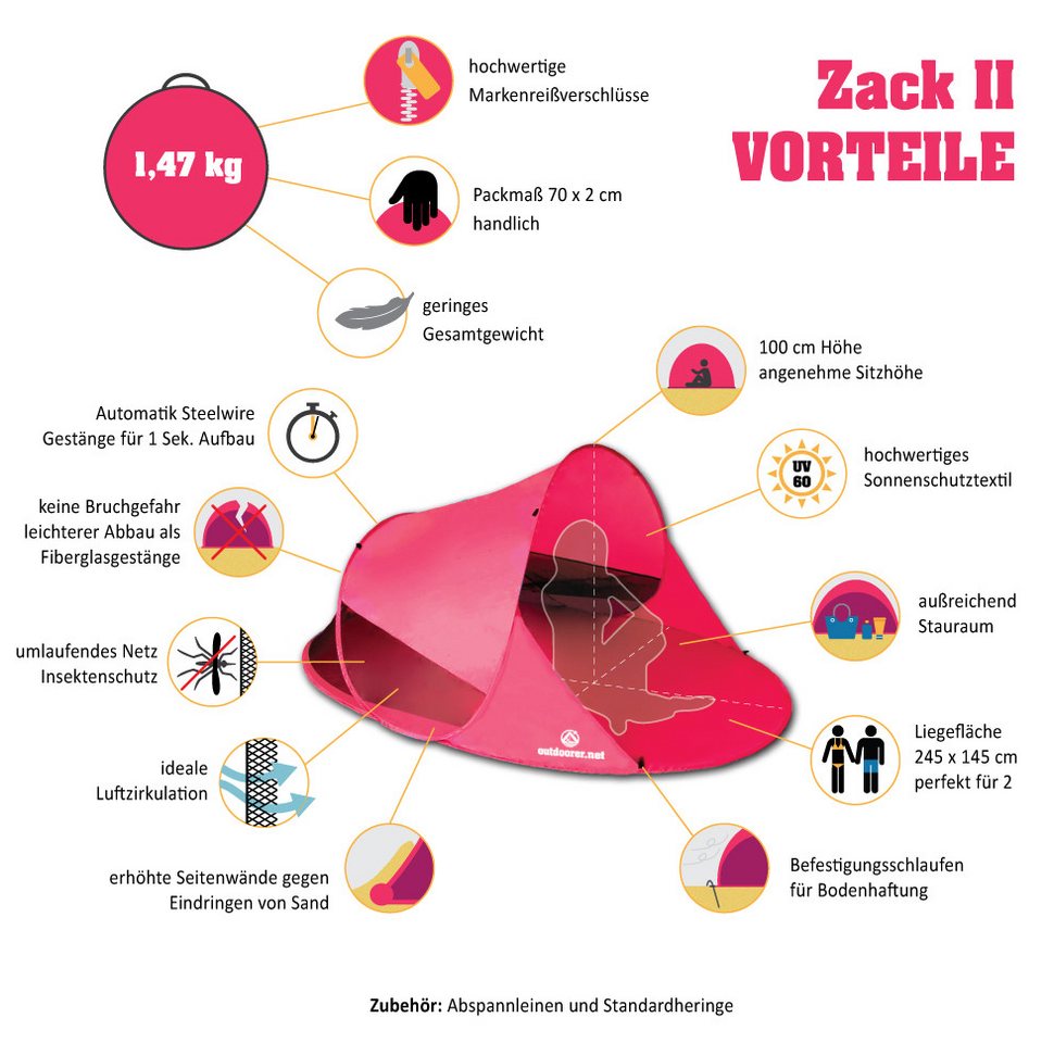 outdoorer Strandmuschel selbstaufbauend Zack II pink - Pop-up-Strandmuschel mit Moskitonetz, Sonnenzelt für See, Meer & Garten - Sonnen- und Windschutz Bild 2