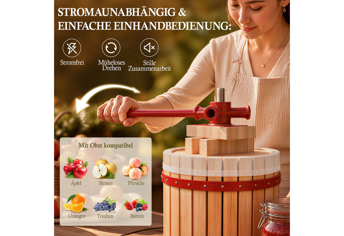 FIVMEN Entsafter Obstpresse Manuelle Fruchtpresse aus Buchenholz inkl. Presstuch, Weinpresse Saftpresse Maischepresse Obstmühle