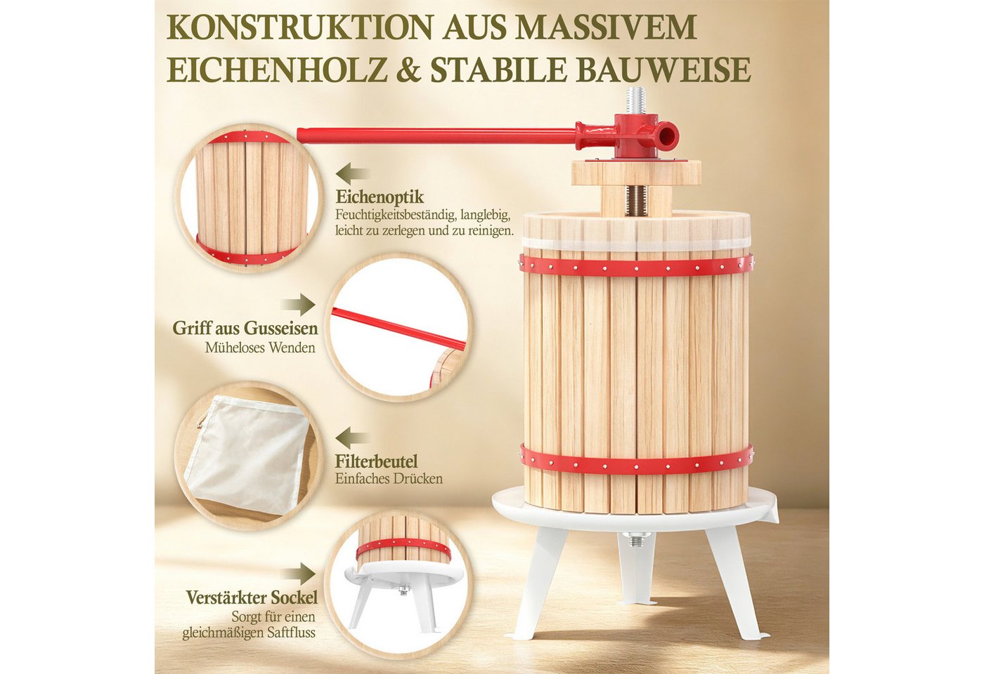 FIVMEN Entsafter Obstpresse Manuelle Fruchtpresse aus Buchenholz inkl. Presstuch, Weinpresse Saftpresse Maischepresse Obstmühle Bild 3