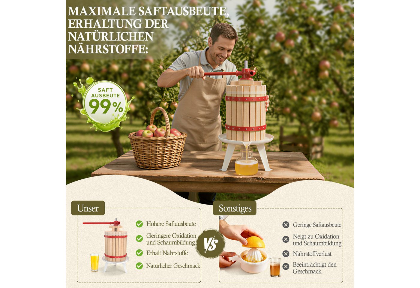 FIVMEN Entsafter Obstpresse Manuelle Fruchtpresse aus Buchenholz inkl. Presstuch, Weinpresse Saftpresse Maischepresse Obstmühle Bild 5