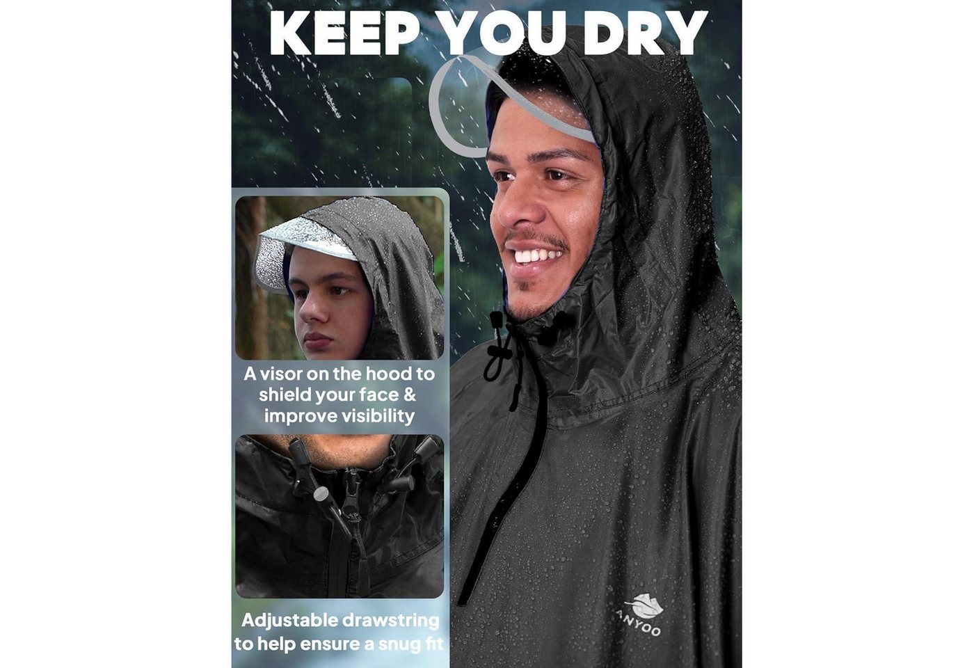 LuxusKollektion Campingstuhl Regenponcho Wasserdicht Fahrrad Kapuze Compact Einheitsgröße Schwarz