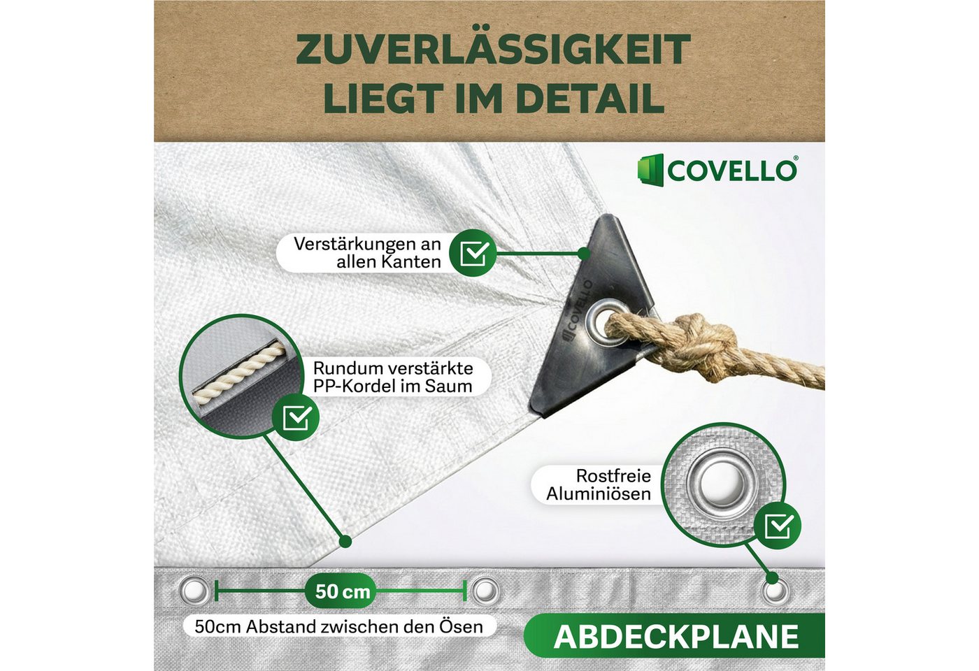 Covello Schutzplane 140g/m² weiß, Abdeckplane mit Ösen wasserdicht, Plane UV-stabilisiert in vielen verschiedenen Farben & Größen