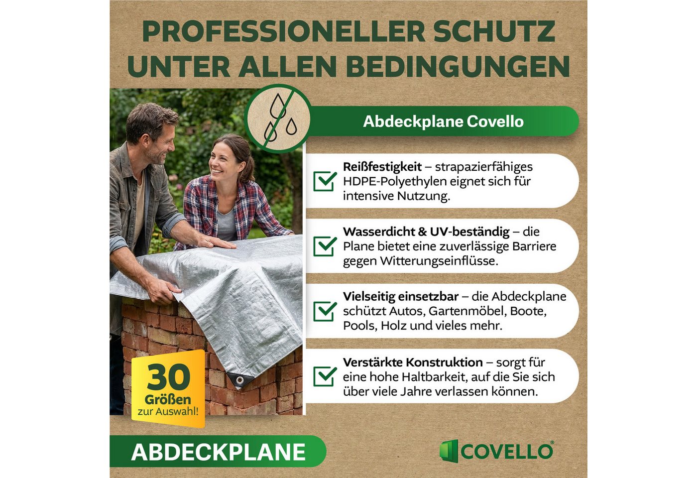 Covello Schutzplane 140g/m² weiß, Abdeckplane mit Ösen wasserdicht, Plane UV-stabilisiert in vielen verschiedenen Farben & Größen Bild 2