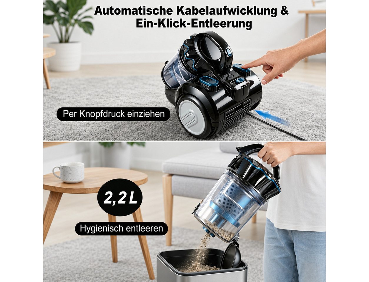 Fyrove Bodenstaubsauger staubsauger beutellos, Hygiene-Filter, hohe Saugkraft, 900 W, kompakt für Hartboden/Teppich, Turbodüse, Polsterdüse, 6m langes Kabel Bild 3