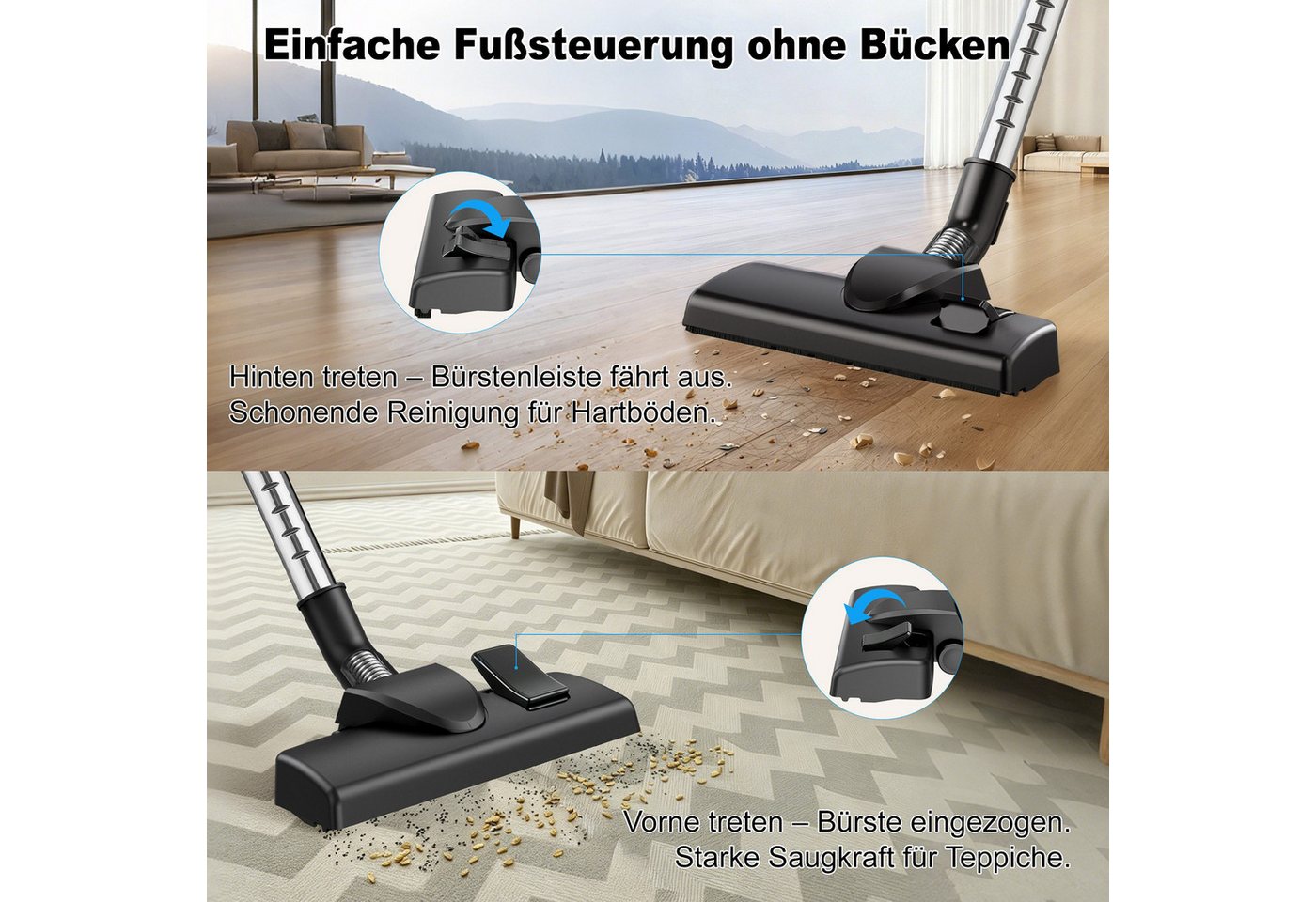 Fyrove Bodenstaubsauger staubsauger beutellos, Hygiene-Filter, hohe Saugkraft, 900 W, kompakt für Hartboden/Teppich, Turbodüse, Polsterdüse, 6m langes Kabel Bild 4