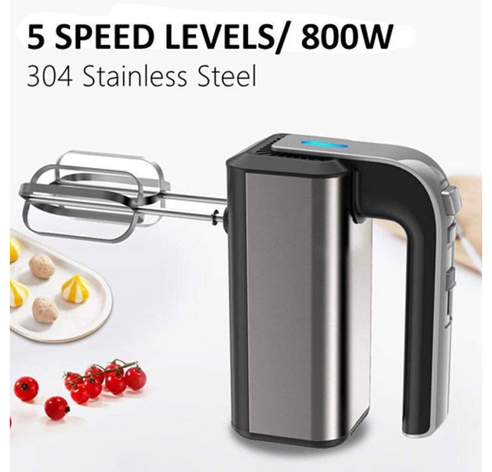 XIIW Handmixer 800W Elektrischer Handrührgerät mit 5 Stufen Turbo Boost für Eier Teig, 800 W, 304 Edelstahl mit 2 Rührbesen und 2 Knethaken