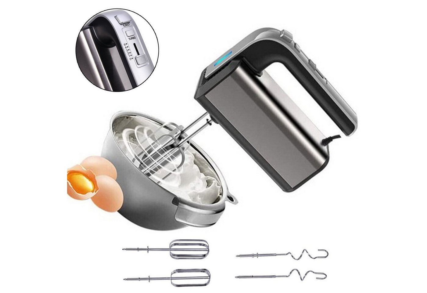XIIW Handmixer 800W Elektrischer Handrührgerät mit 5 Stufen Turbo Boost für Eier Teig, 800 W, 304 Edelstahl mit 2 Rührbesen und 2 Knethaken Bild 2