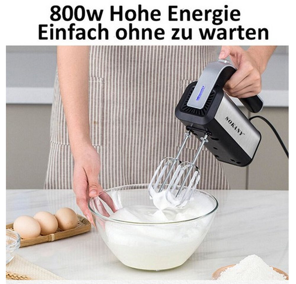 XIIW Handmixer 800W Elektrischer Handrührgerät mit 5 Stufen Turbo Boost für Eier Teig, 800 W, 304 Edelstahl mit 2 Rührbesen und 2 Knethaken Bild 3