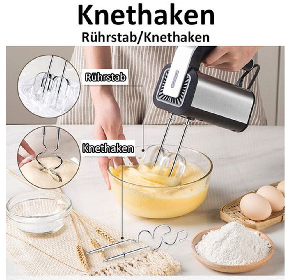 XIIW Handmixer 800W Elektrischer Handrührgerät mit 5 Stufen Turbo Boost für Eier Teig, 800 W, 304 Edelstahl mit 2 Rührbesen und 2 Knethaken Bild 4