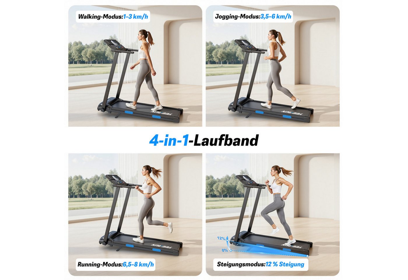 YEE RUN Laufband für Zuhause, treadmill 4 in 1, 12% Steigung, 3HP, 1-8 km/h Bild 3