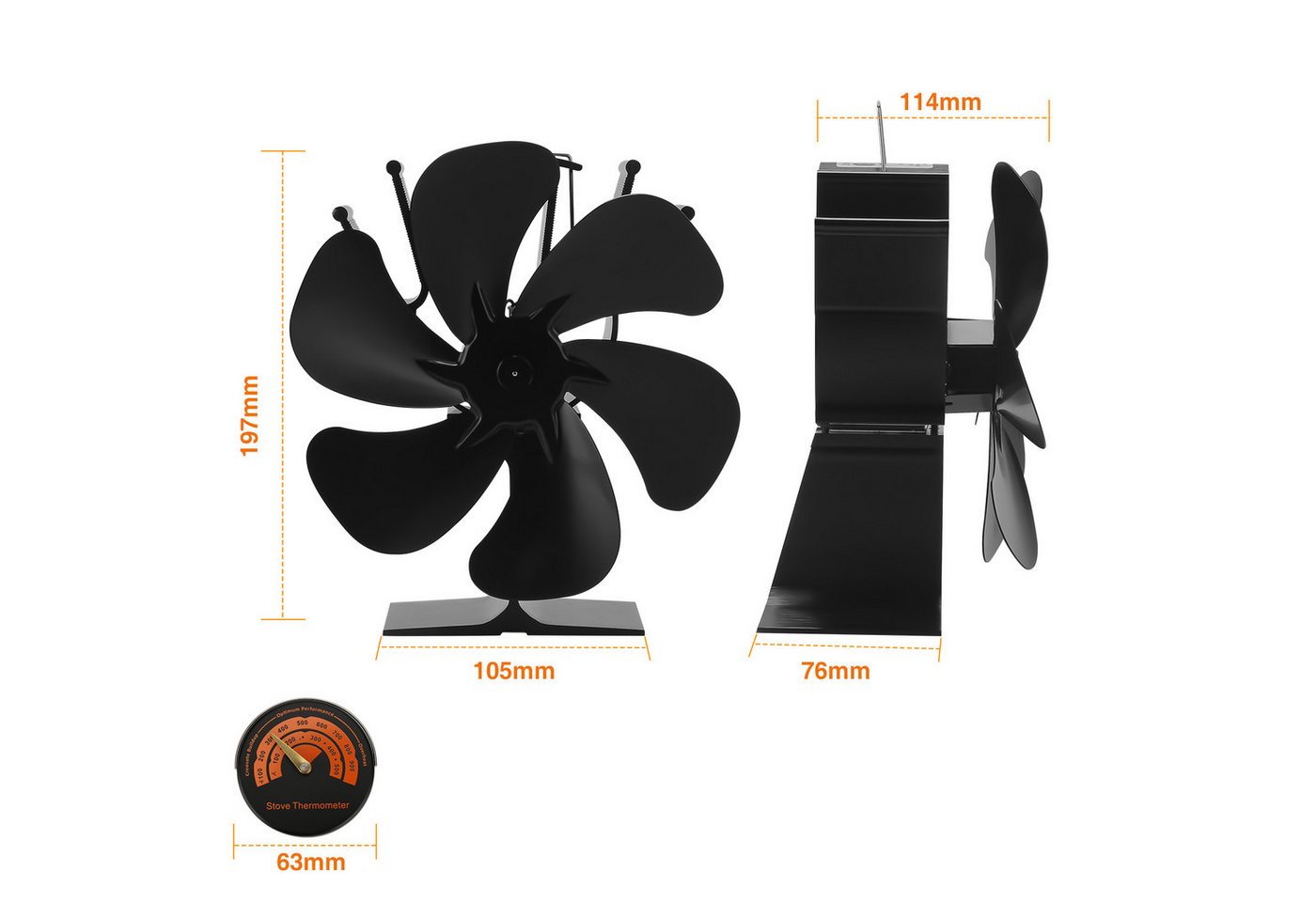 Clanmacy Kaminventilator Kaminventilator Ofenventilator 6 Blatt Kaminofen ohne Fan Stromloser