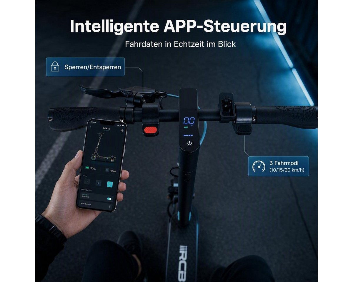 RCB E-Scooter mit Straßenzulassung (ABE), 8.5 Zoll Elektroroller, Max 35Km, mit APP, 7,8AH, 20Km/h, 400W Motor, 15KG Gewicht, Zwei Stoßdämpfer
