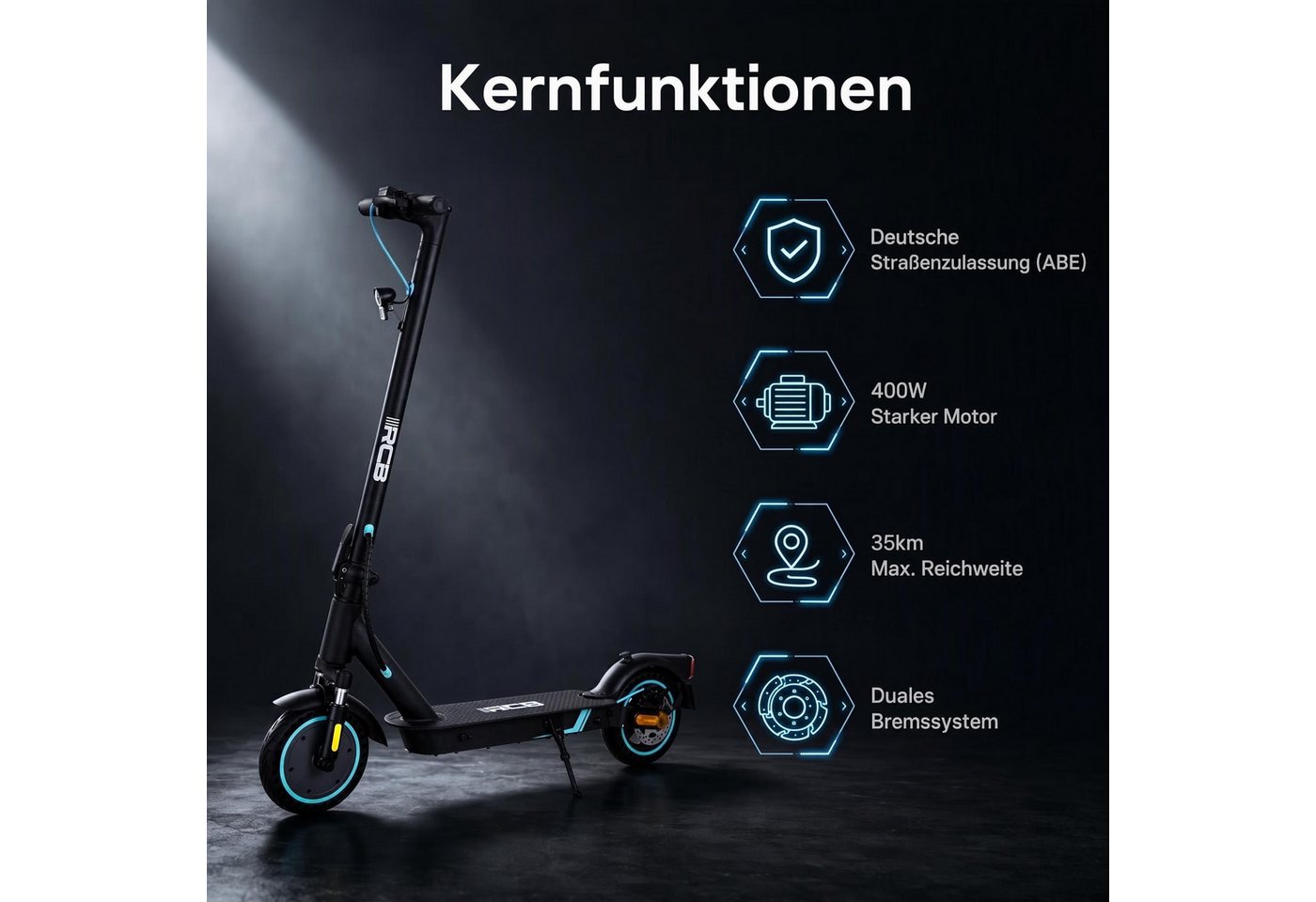 RCB E-Scooter mit Straßenzulassung (ABE), 8.5 Zoll Elektroroller, Max 35Km, mit APP, 7,8AH, 20Km/h, 400W Motor, 15KG Gewicht, Zwei Stoßdämpfer Bild 3