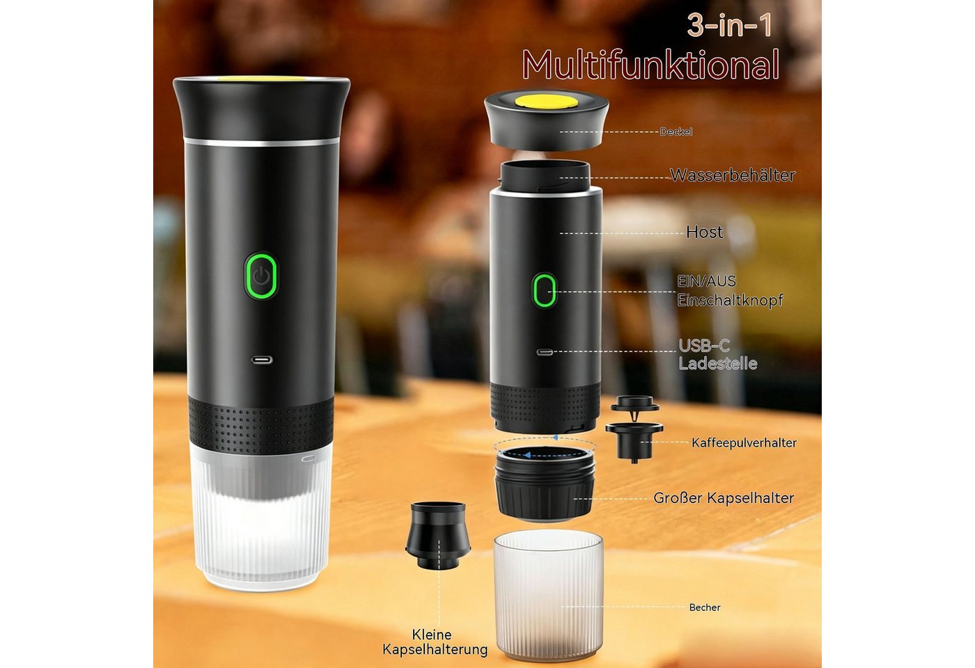 Topcony Reisekaffeemaschine Tragbare Espressomaschine für Kapseln/Pulver/Tee, 0.06l Kaffeekanne, Kompatibel mit kapsel und gemahlener Kaffee Bild 2