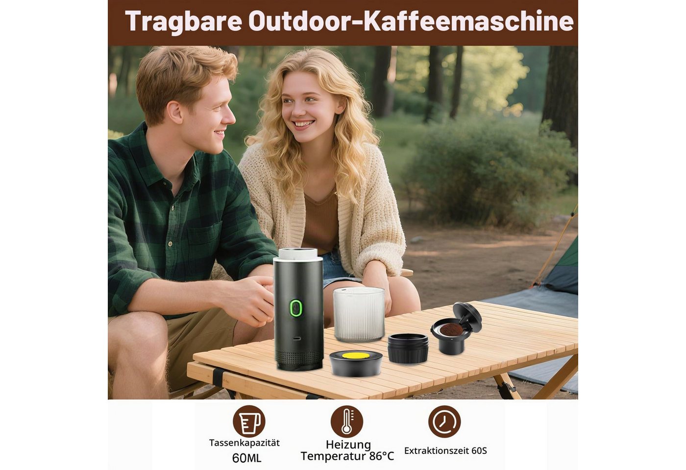 Topcony Reisekaffeemaschine Tragbare Espressomaschine für Kapseln/Pulver/Tee, 0.06l Kaffeekanne, Kompatibel mit kapsel und gemahlener Kaffee Bild 5