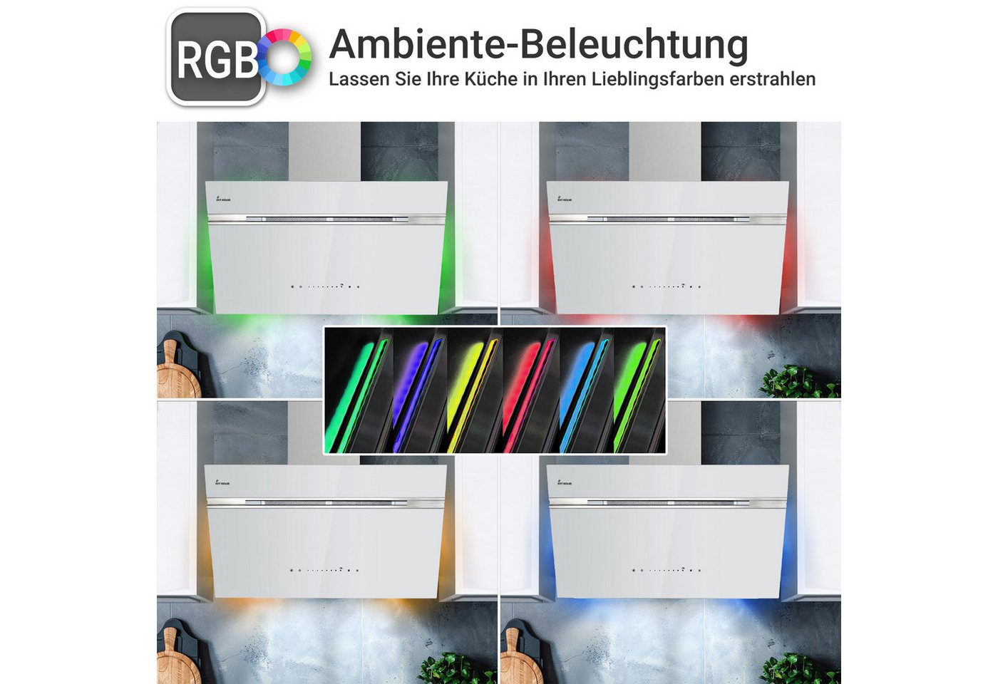 KKT KOLBE Wandhaube Dunstabzugshaube 80cm AURORA8005WED RGBW Ambientebeleuchtung Dunstabzugshaube 80cm AURORA8005WED RGBW Ambientebeleuchtung, Kopffreihaube / Umluft / Abluft / Smart WiFi-App / Weiß / Glas Bild 2