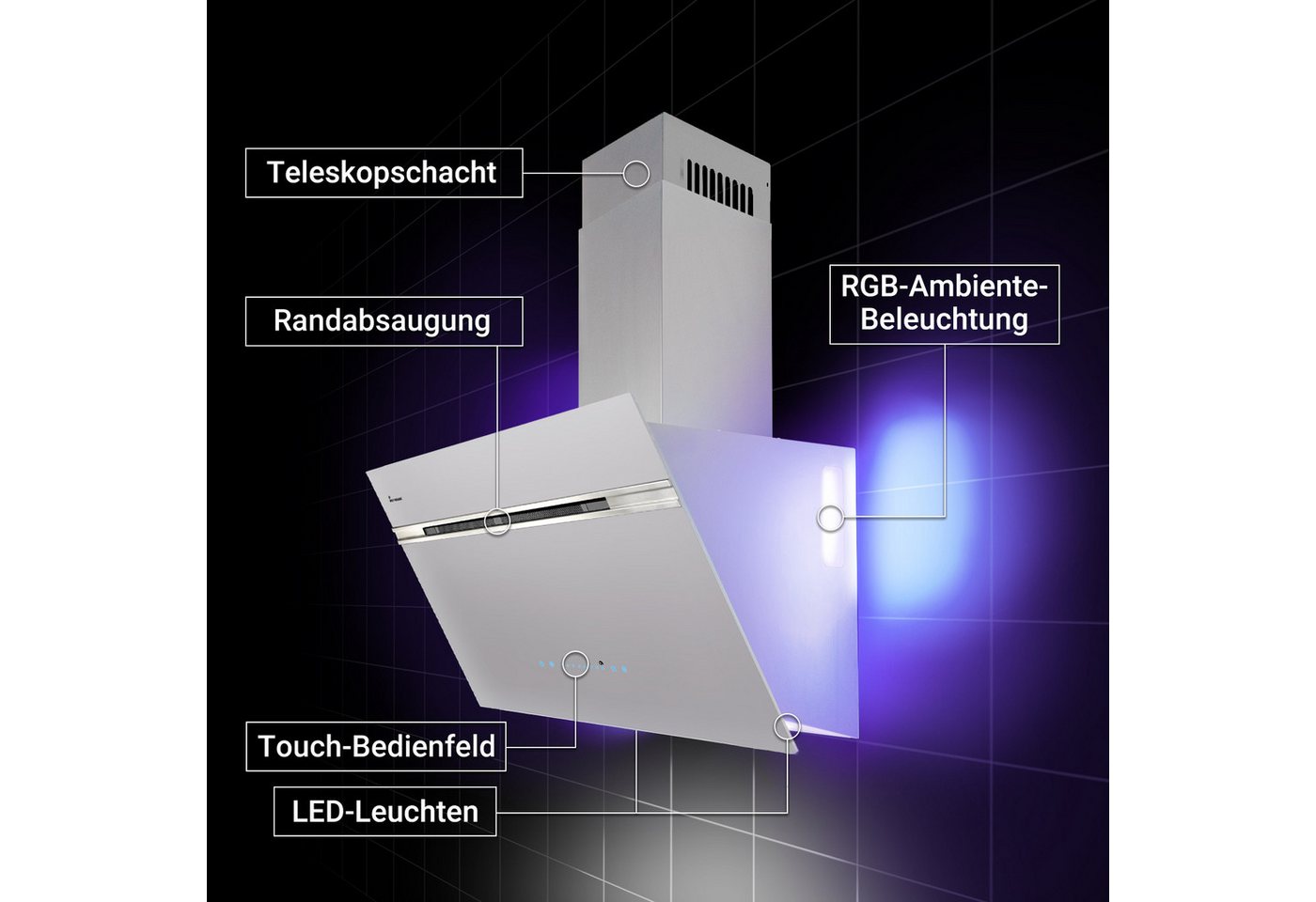 KKT KOLBE Wandhaube Dunstabzugshaube 80cm AURORA8005WED RGBW Ambientebeleuchtung Dunstabzugshaube 80cm AURORA8005WED RGBW Ambientebeleuchtung, Kopffreihaube / Umluft / Abluft / Smart WiFi-App / Weiß / Glas Bild 3
