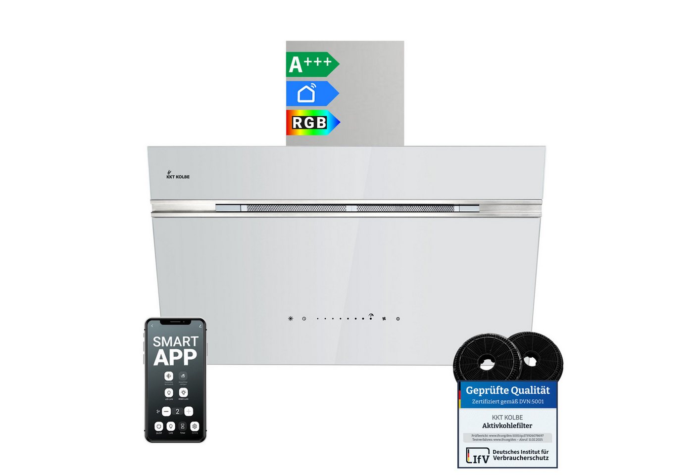 KKT KOLBE Wandhaube Dunstabzugshaube 80cm AURORA8005WED RGBW Ambientebeleuchtung Dunstabzugshaube 80cm AURORA8005WED RGBW Ambientebeleuchtung, Kopffreihaube / Umluft / Abluft / Smart WiFi-App / Weiß / Glas Bild 4