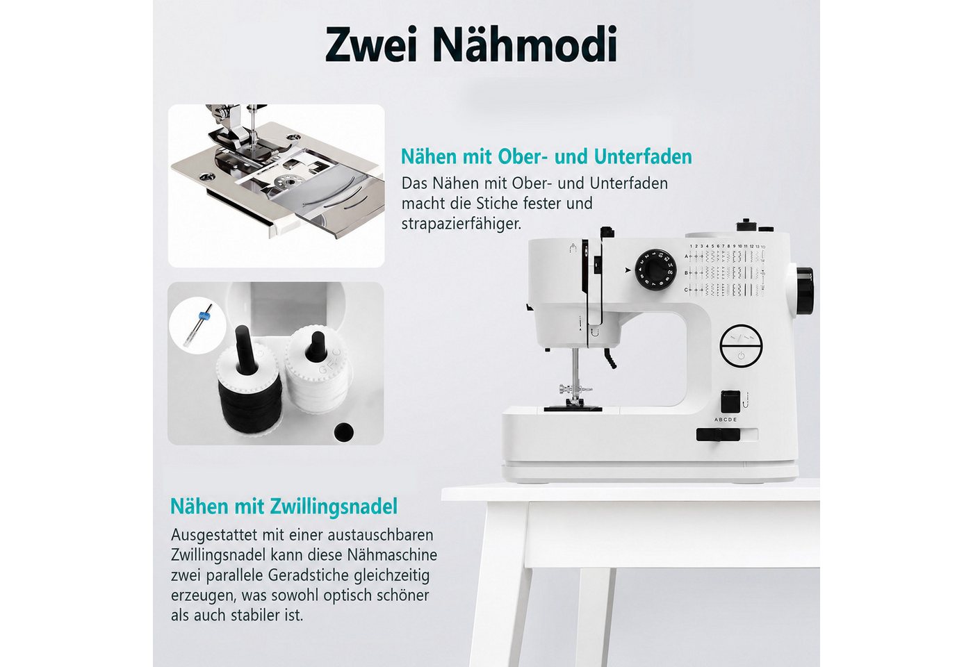 Rebonique Nähmaschine Für Anfänger, 39 Stiche, 42-teiliges Nähset, Doppelnadel & LED, Freiarm, Fadenschneider, Knopflochfunktion, Rückwärtsnähen Bild 5