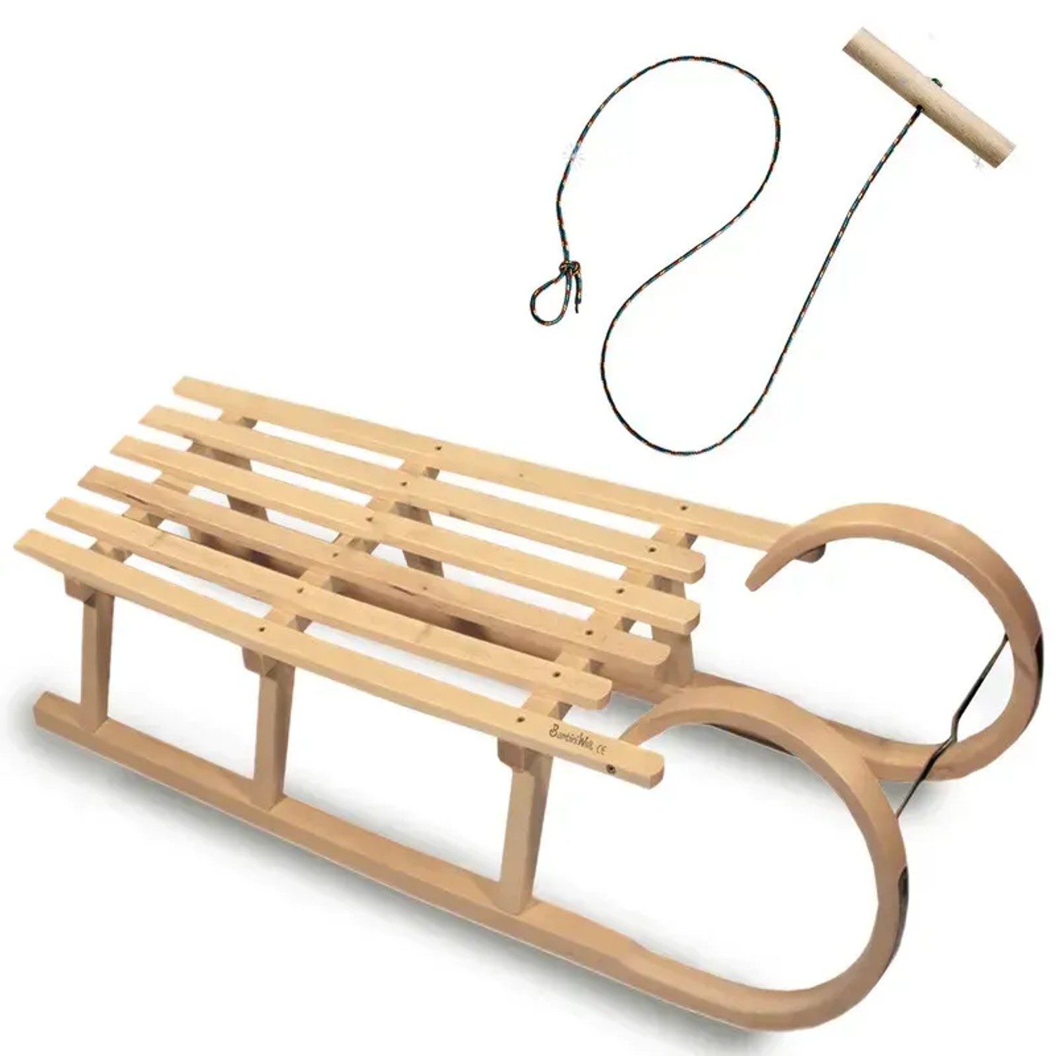 Bambiniwelt by Rafael K. Hörnerrodel 120cm Holzschlitten aus Buchenholz Hörnerschlitten mit Zugseil Rodelschlitten mit Leichtlauf-Stahlkufenbeschlägen
