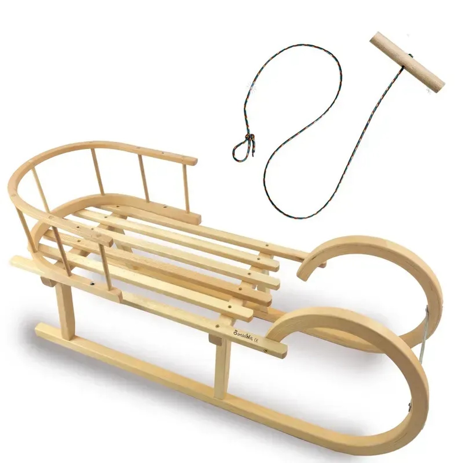 Bambiniwelt by Rafael K. Hörnerrodel 100cm Holzschlitten aus Buchenholz Hörnerschlitten mit Rückenlehne Rodelschlitten Leichtlauf-Stahlkufenbeschlägen