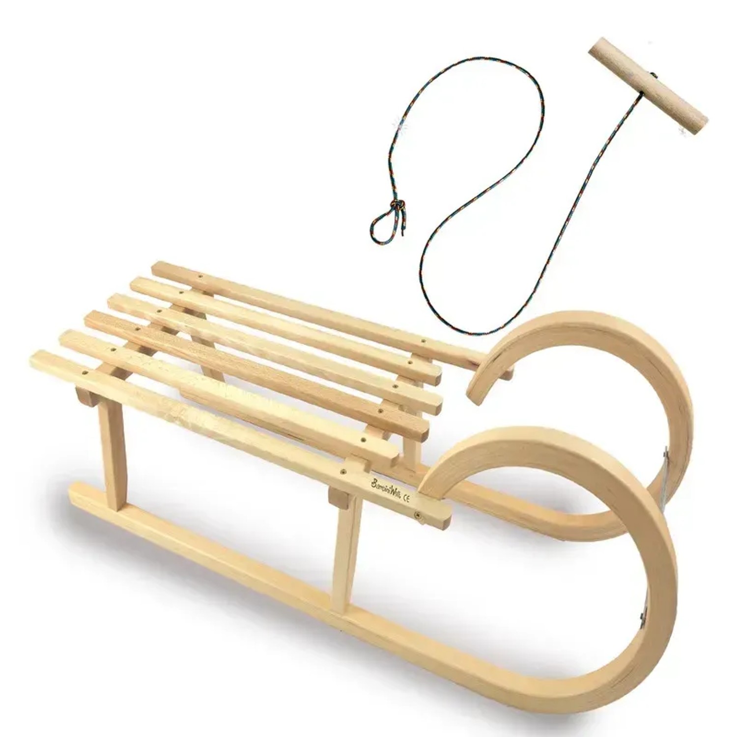 Bambiniwelt by Rafael K. Hörnerrodel 100cm Holzschlitten aus Buchenholz Hörnerschlitten mit Zugseil Rodelschlitten mit Leichtlauf-Stahlkufenbeschlägen