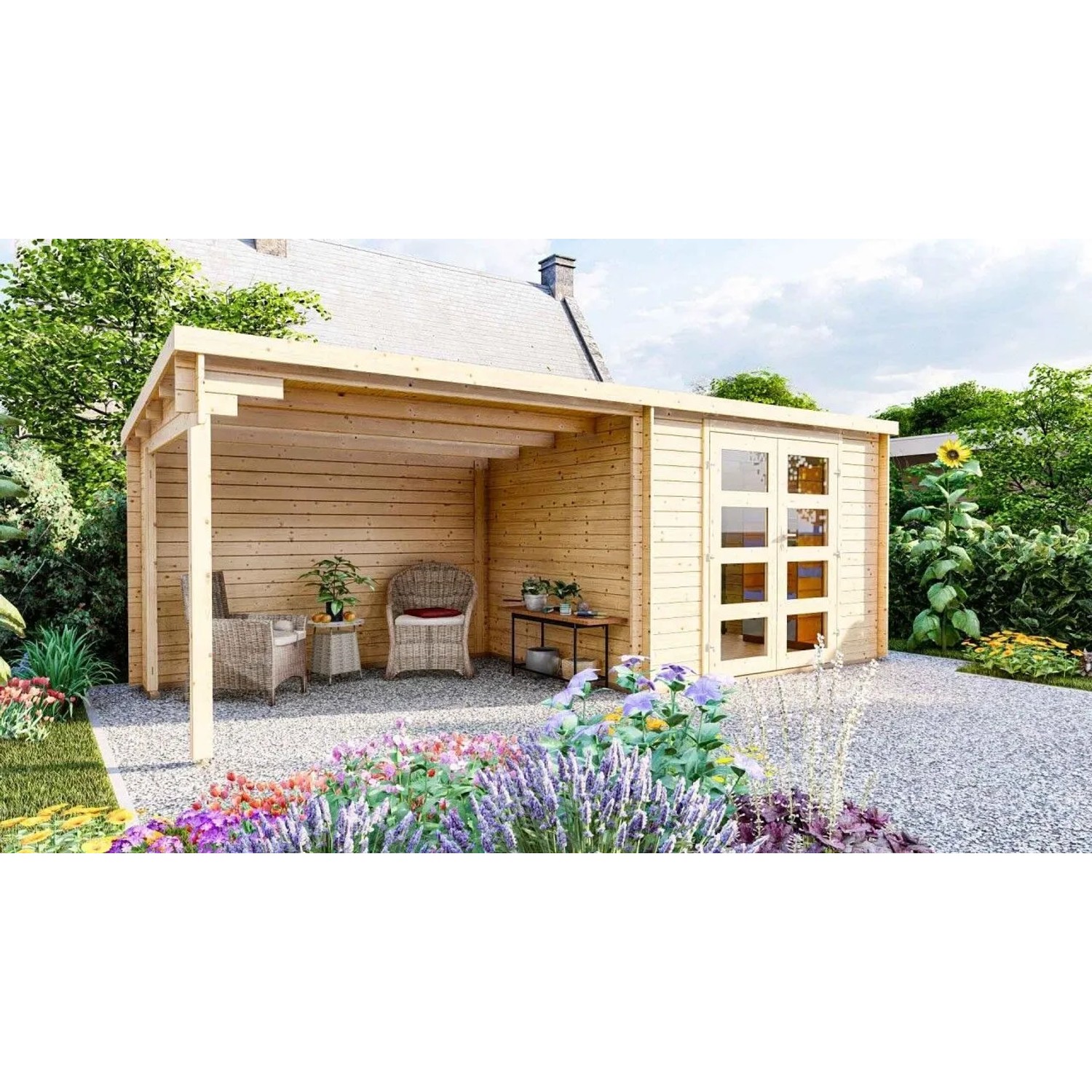 Finn Art Blockhaus 28mm Flachdach Holz Gartenhaus 3x2,4m Funny 4 ohne Fußboden mit 3m Seitendach