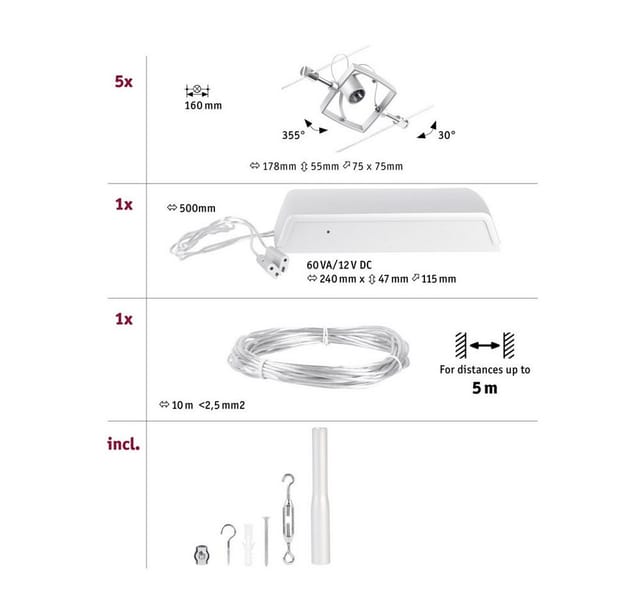 PLM 94430 - Seilsystem WireSystem Spot MacII, chrom matt, 5 Spots, GU5,3