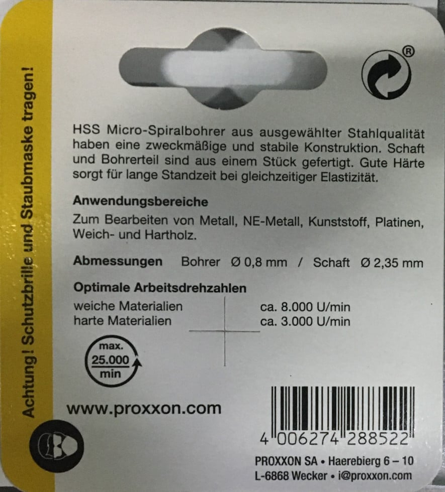 PROXXON 28852 - Stahlbohrer, Wolfram-Vanadium-Stahl, 0,8 mm, 3 Stück