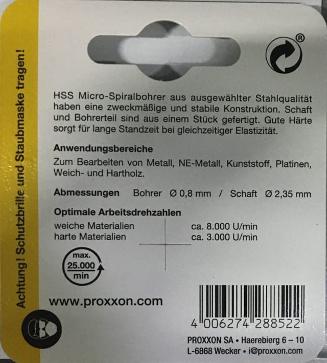PROXXON 28852 - Stahlbohrer, Wolfram-Vanadium-Stahl, 0,8 mm, 3 Stück