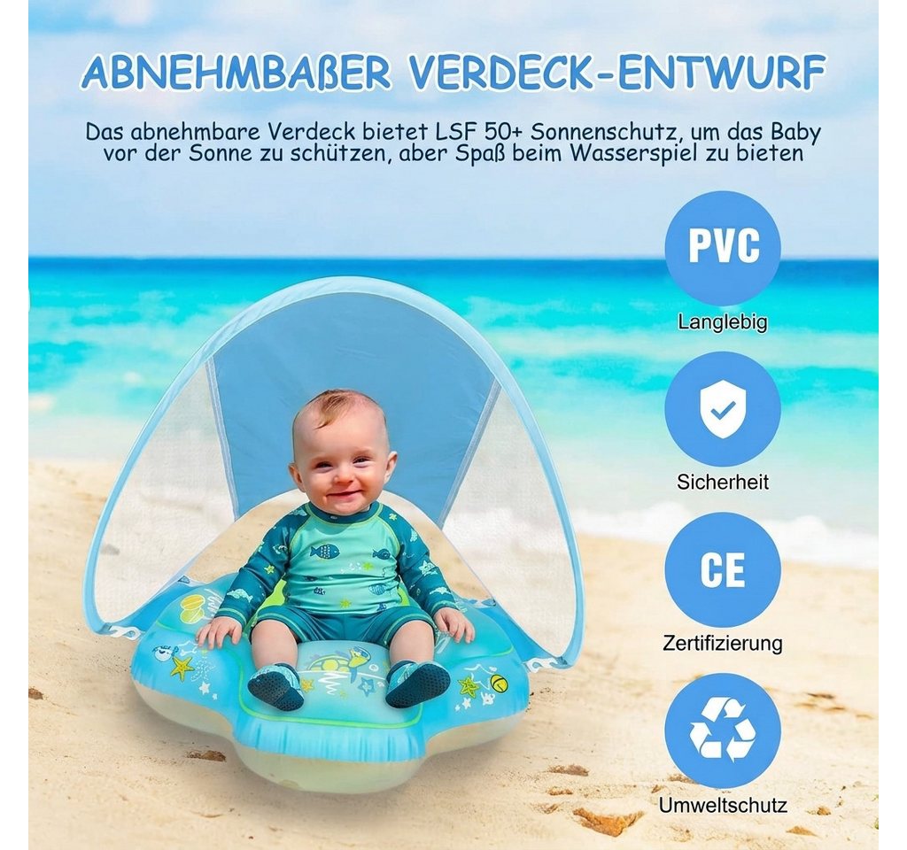 LaCute Schwimmhilfe Baby Schwimmring mit Sitz und abnehmbarem Sonnendach 6–36 Monate (Baby-Schwimmring mit Sitz, Baby-Schwimmring mit Sitz, Sonnendach und Pumpe), Integrierter Sitz, abnehmbares Sonnendach, aufblasbar