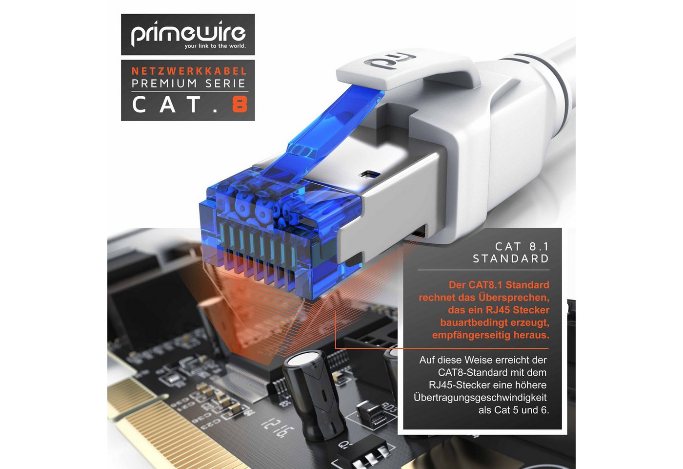 Primewire Patchkabel CAT 8 Gigabit Ethernet 40 Gbit/s S/FTP Netzwerkkabel - 5m LAN-Kabel, CAT.8, RJ-45 (Ethernet) (500 cm), für Router, Modem, Switch, PC, ideal für Gaming, Streaming, Homeoffice Bild 2