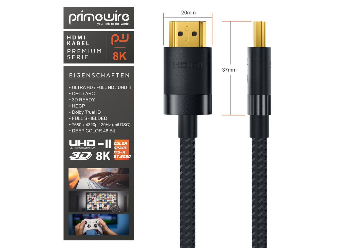 Primewire 8K @ 120Hz / 4K @ 240Hz DSC, Ultra High Speed, Nylonummantelung, 3m HDMI-Kabel, 2.1, HDMI Typ A (300 cm), 48 Gbit/s Bandbreite, eARC, CEC, HDCP, für Gaming, Streaming, Heimkino Bild 5