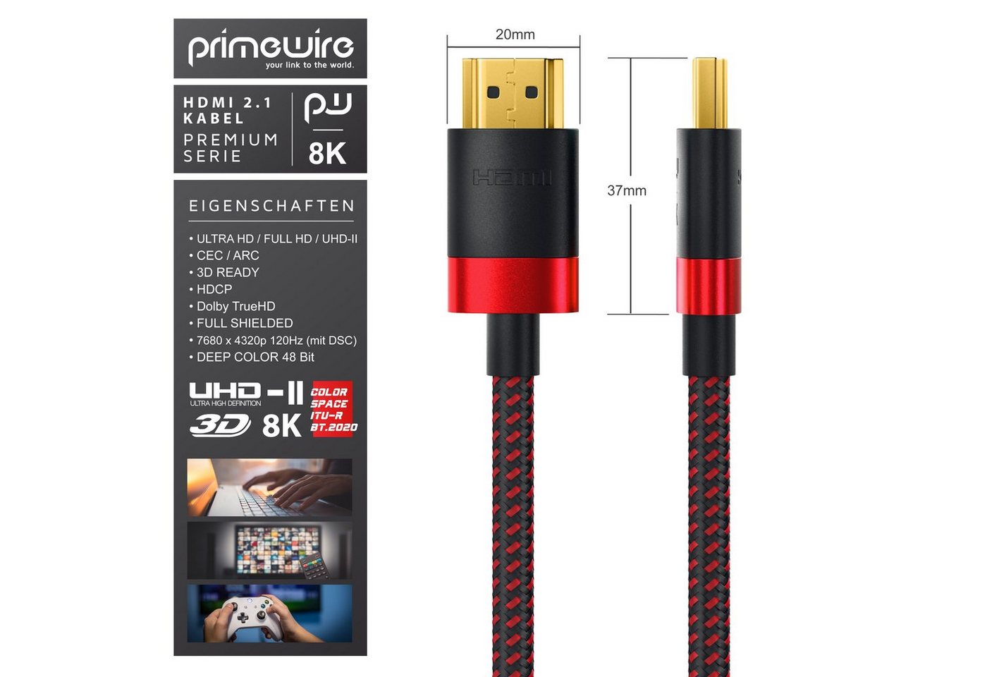 Primewire 8K @ 120Hz / 4K @ 240Hz DSC, Ultra High Speed, Nylonummantelung, 0,5m HDMI-Kabel, 2.1, HDMI Typ A (50 cm), 48 Gbit/s Bandbreite, eARC, CEC, HDCP, für Gaming, Streaming, Heimkino Bild 2