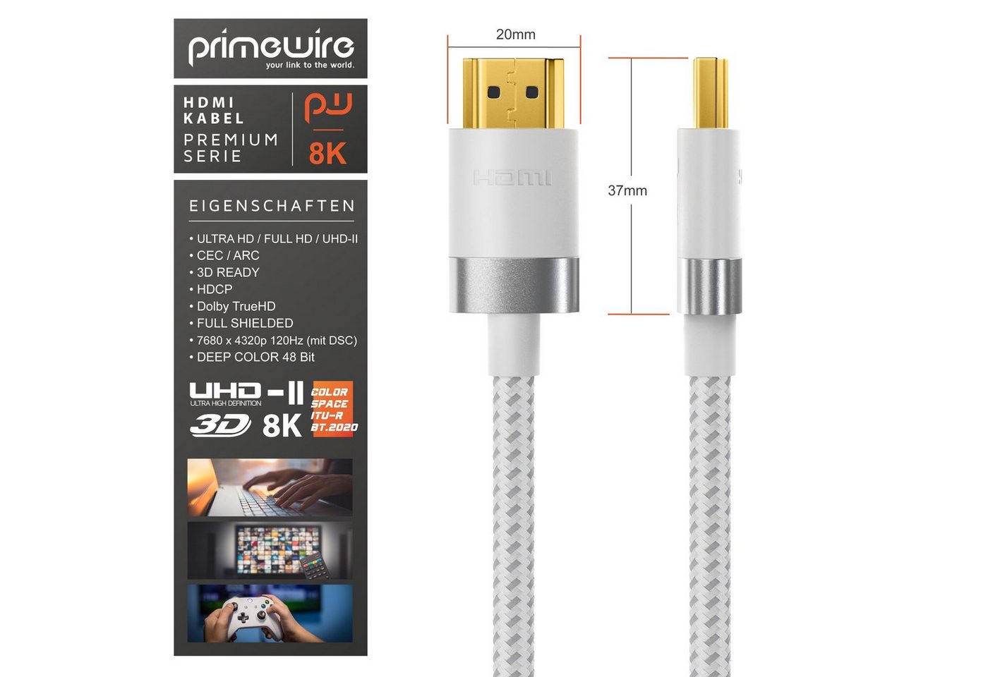 Primewire 8K @ 120Hz / 4K @ 240Hz DSC, Ultra High Speed, Nylonummantelung, 2m HDMI-Kabel, 2.1, HDMI Typ A (200 cm), 48 Gbit/s Bandbreite, eARC, CEC, HDCP, für Gaming, Streaming, Heimkino Bild 3