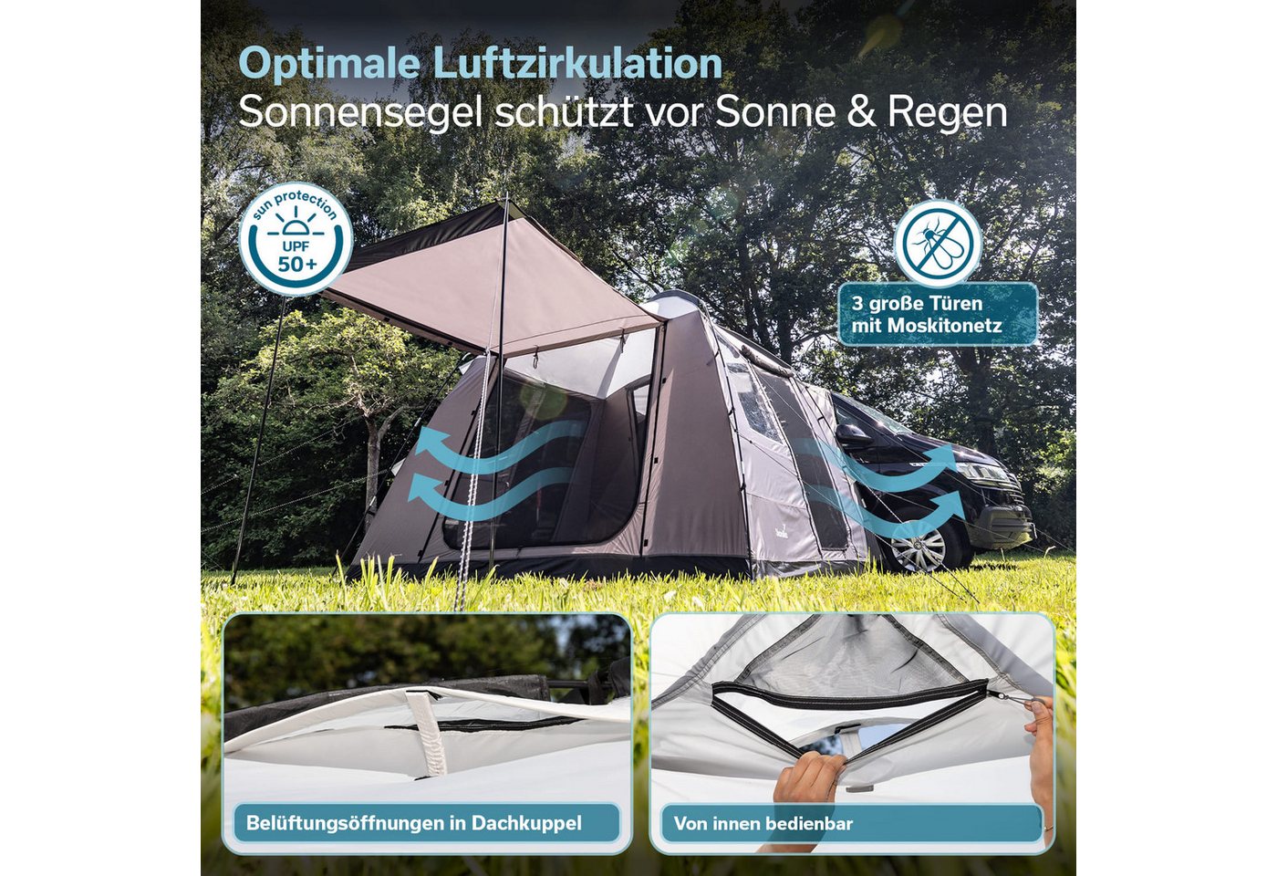 Skandika Buszelt Pitea Van Protect, freistehend, für Auto, CUV, Bus, Minivan, UPF 50+, Personen: 4 (Moskitonetz an allen 3 Türen und am Schleuseneingang), 225 cm Stehhöhe, 5000 mm Wassersäule, eingenähter Zeltboden Bild 5