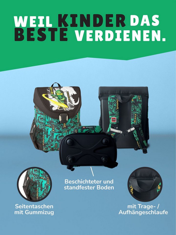 LEGO® Bags Schulranzen Lego Ninjago Schultasche Easy Green ab der 1. Klasse (Set, 8-tlg., inkl. Ninjago Brotdose, Trinkflasche und Sporttasche), ergonomisch, 790 Gramm leicht, mit Brustgurt, Ninja Lloyd