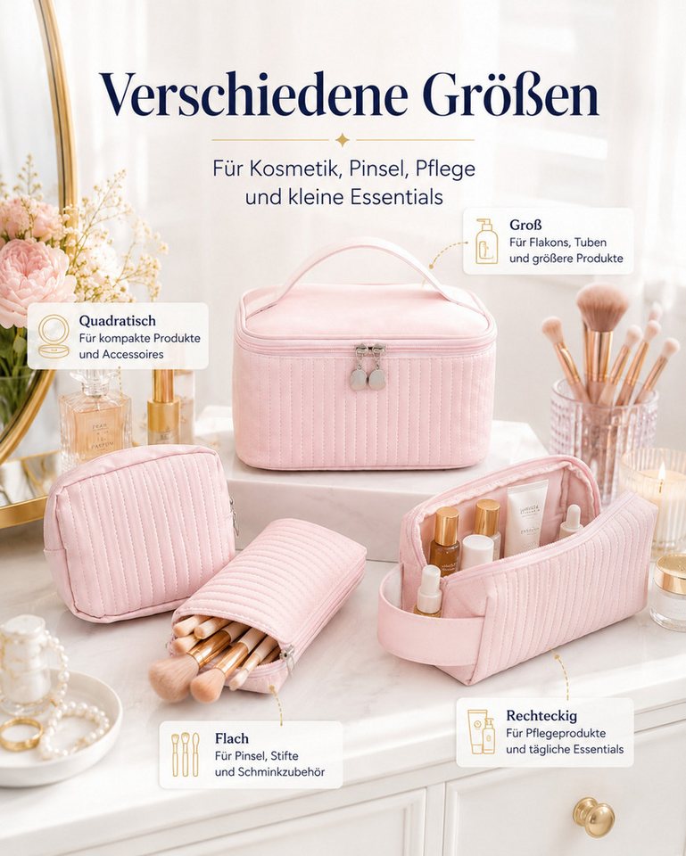 Luckice Kosmetiktasche 4-teiliges Kosmetiktaschen Set in Rosa (4 verschiedene Größen Kulturbeutel für Make-up, Pinsel & Pflegeprodukte, Reise Schminktasche mit Tragegriff für Alltag und Urlaub) Bild 4