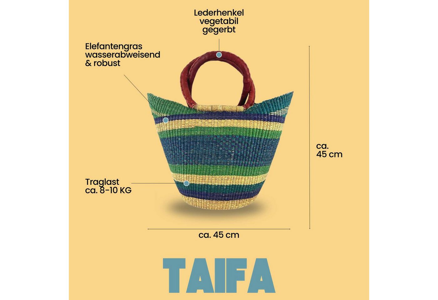 maishameanslife Einkaufskorb Bolga Bag - Taifa - U-Form, Kunstvoll geflochtene Bolga Körbe – Charakterstücke voller Tradition