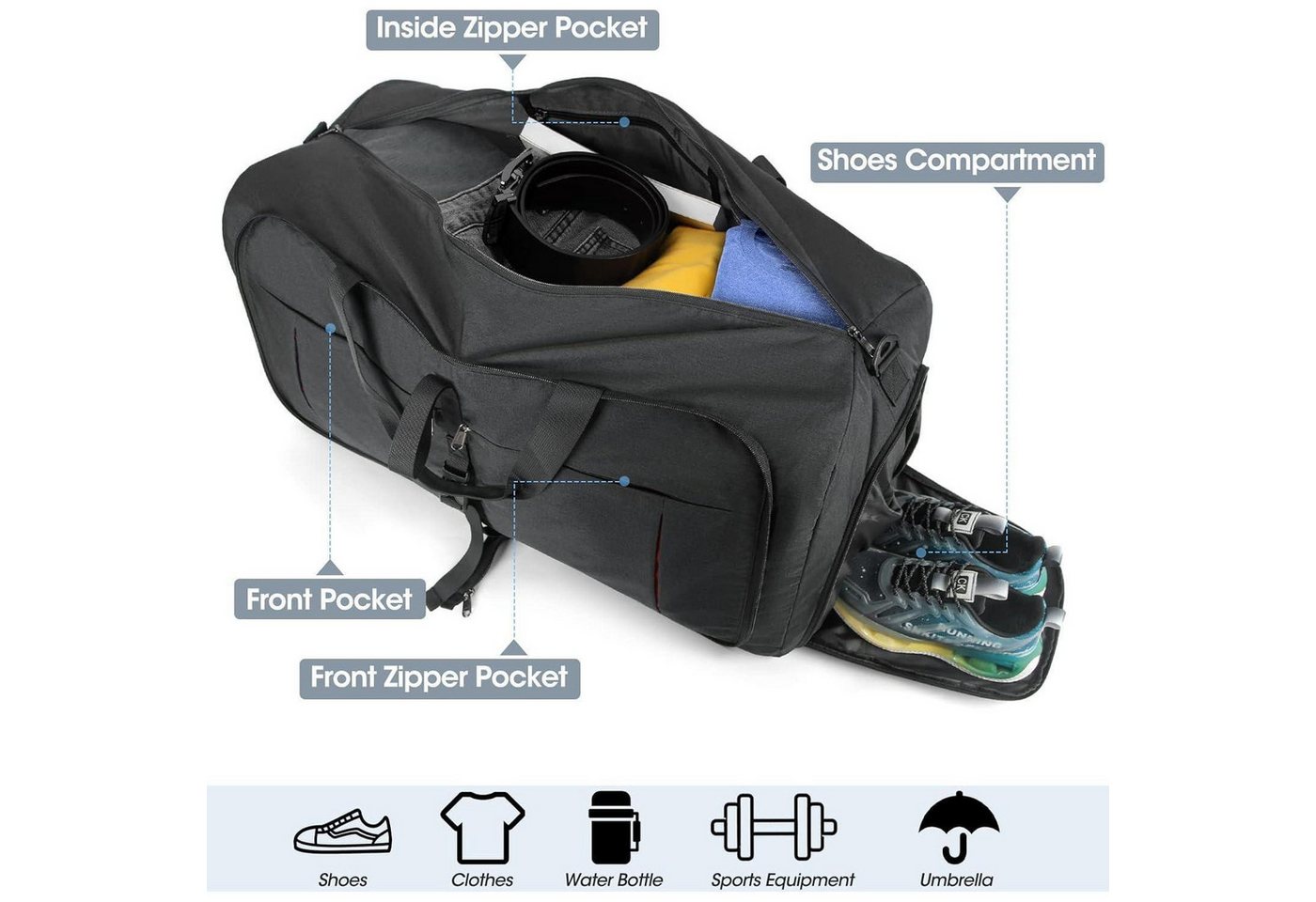 LuxusKollektion Reisetasche Faltbare Reisetasche 80L Sporttasche Damen Herren mit Schuhfach Bild 2